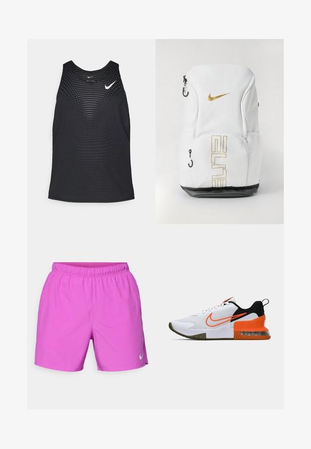 Black athletic tank top with a perforated texture and rounded neckline. Features a white Nike logo on the chest.; Pink athletic shorts with an elastic waistband, smooth texture, and a small white Nike logo on the lower side.; White athletic shoe with a textured mesh upper, black and orange accents, a thick rubber sole, and a clear air cushion section at the heel.; Nike backpack in white with gold logo and “ELITE” text, zip closures, mesh side pockets, and a black bottom base. Smooth texture.