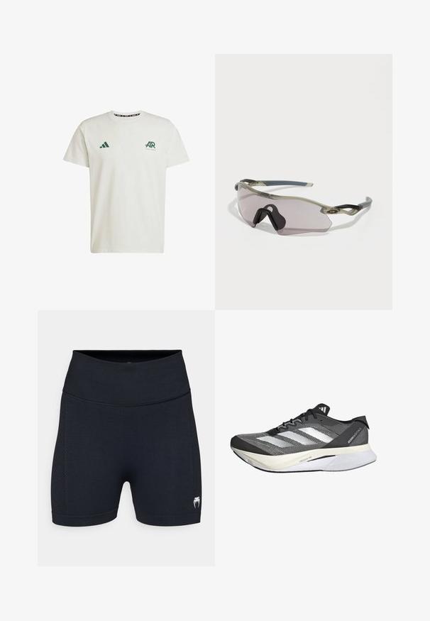 Biała bawełniana koszulka z krótkim rękawem, z zielonym logo Adidas i napisem po lewej stronie klatki piersiowej oraz zielonym logo trójkąta na prawym ramieniu.; Czarne spodenki sportowe z gładkiego materiału i siateczkowymi wstawkami po bokach. Posiadają szeroki pas oraz małe logo na dolnej części nogawki.; Czarno-biała sportowa obuwie z siateczkową cholewką, z trzema białymi paskami, wyrazistą podeszwą oznaczoną "LIGHTSTRIKE PRO" oraz aerodynamicznym designem.; Okulary przeciwsłoneczne z przezroczystą szaro-srebrną oprawą, przyciemnionymi soczewkami oraz kanciastym kształtem. Posiadają charakterystyczny nosek oraz fakturowane ciemnoszare zauszniki.