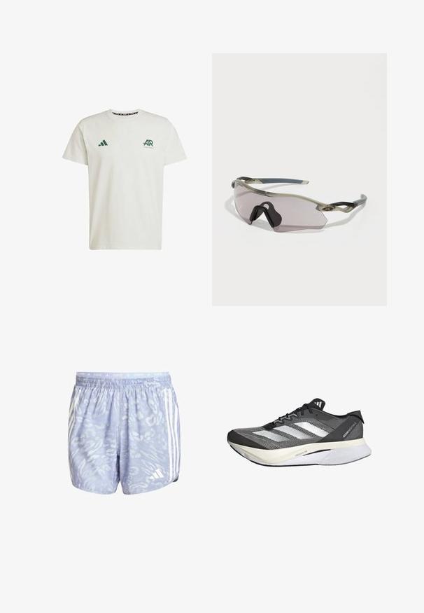 Valkoinen puuvillainen T-paita lyhythihaisilla, jossa on vasemmassa rinnassa vihreä Adidas-logot ja teksti sekä oikealla olkapäällä vihreä kolmonen logo.; Vaaleansiniset juoksushortsit, joissa on teksturoitu kuvio, valkoiset raidat sivuilla ja joustava vyötärö, johon on merkitty "JUOKSU."; Juoksukengät mustavalkoisena, verkkopäällisellä, joissa on kolme valkoista raitaa, huomattava pohja, jossa on merkintä "LIGHTSTRIKE PRO", ja virtaviivainen muotoilu.; Aurinkolasit, joissa on läpinäkyvä harmaa kehys, sävyrikkaita linssejä ja kulmikas muotoilu. Ominaisuuksiin kuuluu erityinen nenäosa ja teksturoitu tummanharmaa temppeleiden varsi.