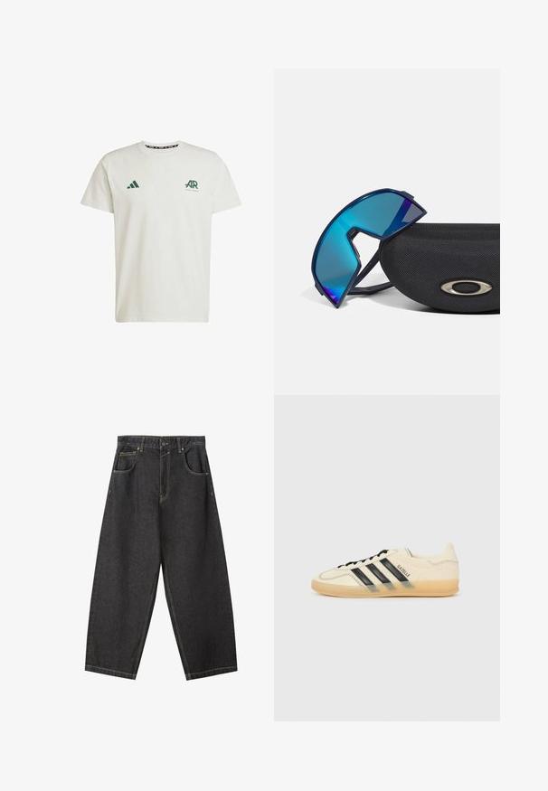 Bílý bavlněný tričko s krátkým rukávem, na levém prsu s zeleným logem Adidas a textem, a na pravém rameni se zeleným trojúhelníkovým logem.; Černé široké džíny z denimu s žlutým prošíváním, designem s pěti kapsami a středně vysokým pasem. Texturovaná tkanina s hladkým povrchem.; Světle krémové tenisky s černým designem tří pruhů,Texturovaný svršek, kulatá špička a gumová podešev. Obsahují šněrování a branding po straně.; Skládací sluneční brýle s modrým nádechem a sportovním designem, odpočívající na texturovaném černém pouzdře s kovovým logem.