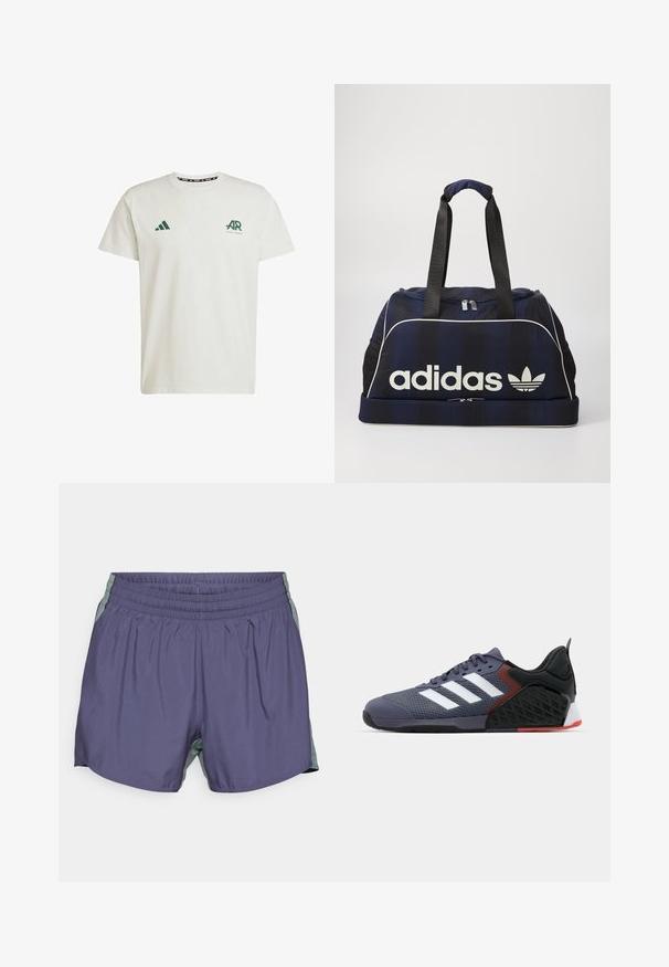 Bijela pamučna majica kratkih rukava sa zelenim Adidas logotipom i natpisom na lijevoj strani prsnog koša, te zelenim trokutastim logotipom na desnom ramenu.; Ljubičaste sportske kratke hlače sa teksturiranom elastičnom trakom u struku i svijetlo sivim bočnim panelima. Donji rub je blago zakrivljen za poboljšanu pokretljivost.; Ljubičasta atletika cipela s mrežastim gornjim dijelom, tri bijele pruge, podstavljeni ovratnik, crno-crveni naglasci, strukturalna potplata i gumeni potplat.; Mornarska torba s bijelim Adidas logotipom, sa zatvaračem na vrhu, dva čvrsta crna ručka i bočnim mrežastim džepovima. Glatka tekstura tkanine.