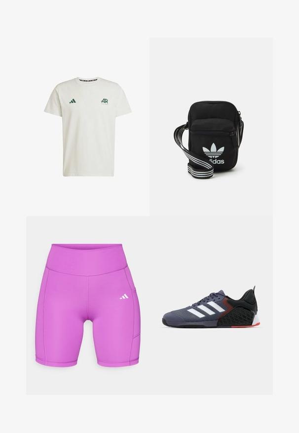 Bijela pamučna majica kratkih rukava sa zelenim Adidas logotipom i natpisom na lijevoj strani prsnog koša, te zelenim trokutastim logotipom na desnom ramenu.; adidas Performance OPTIME LEGGINGS - Tajice - purple burst; Ljubičasta atletika cipela s mrežastim gornjim dijelom, tri bijele pruge, podstavljeni ovratnik, crno-crveni naglasci, strukturalna potplata i gumeni potplat.; Crna crossover torba od tkanine sa zatvaračem, sa bijelim Adidas logotipom i prugastim podešivim remenom za lako nošenje.