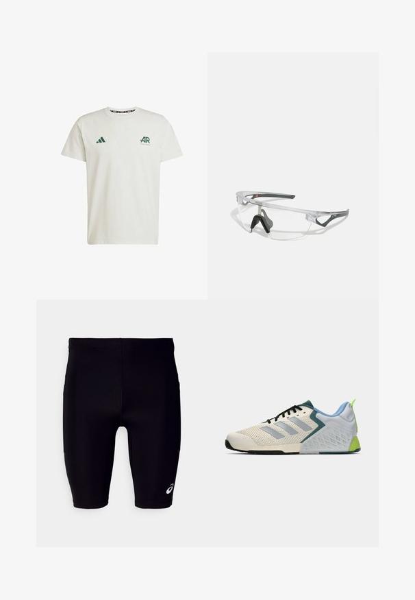 Biała bawełniana koszulka z krótkim rękawem, z zielonym logo Adidas i napisem po lewej stronie klatki piersiowej oraz zielonym logo trójkąta na prawym ramieniu.; Czarne spodenki sportowe wykonane z elastycznego materiału, o dopasowanym kroju, sięgające do kolan, z małym białym logo na dolnej części.; Lekkie buty sportowe z kremową siateczką, szarymi paskami, zielonym akcentem i teksturowanym niebieskim zapiętkiem. Czarne sznurówki.; Przezroczyste okulary ochronne z lekką, przezroczystą ramką i szarymi akcentami. Posiadają opływowy kształt oraz regulowany nosek.