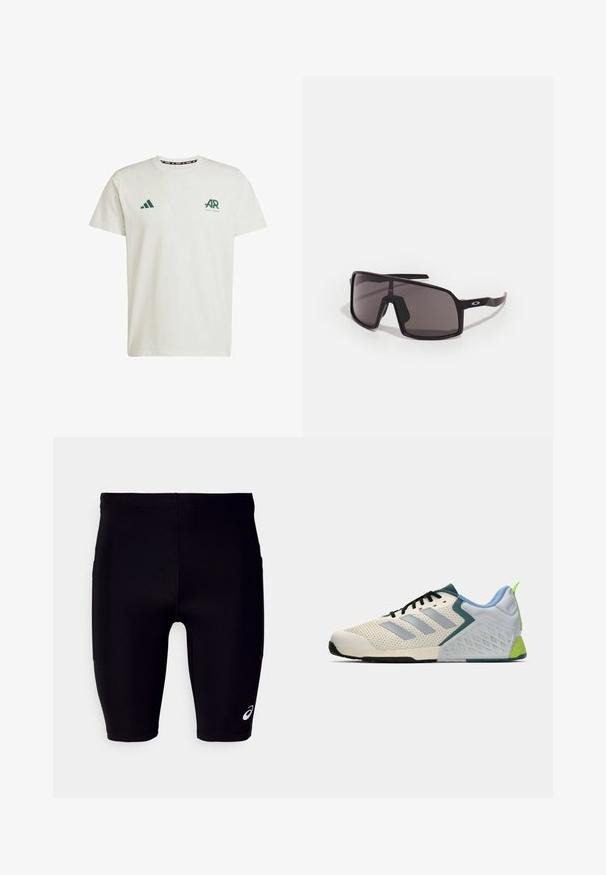 T-shirt bianca in cotone con maniche corte, dotata di logo Adidas verde e testo sul lato sinistro del petto e di un logo triangolare verde sulla spalla destra.; Pantaloni sportivi neri realizzati in materiale elastico, caratterizzati da una vestibilità aderente, un design lungo fino al ginocchio e un piccolo logo bianco sul lato inferiore.; Scarpe atletiche leggere con una tomaia in rete color crema, righe grigie, un accento verde e un tallone in textured blu. Lacci neri.; Occhiali da sole rettangolari neri con lenti scure, montatura larga e bracci sottili neri. Presentano un logo sulle astine. Texture liscia.