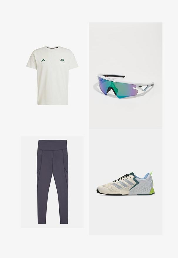 T-shirt bianca in cotone con maniche corte, dotata di logo Adidas verde e testo sul lato sinistro del petto e di un logo triangolare verde sulla spalla destra.; Leggings grigio scuro con vita alta, dotati di tasche laterali e dettagli di cucitura strutturata. Realizzati in tessuto elastico e traspirante.; Scarpe atletiche leggere con una tomaia in rete color crema, righe grigie, un accento verde e un tallone in textured blu. Lacci neri.; Occhiali da sole sportivi con montatura bianca, grandi lenti verdi e viola sfumate, design angolare e dettagli neri sulle astine e sul ponte.