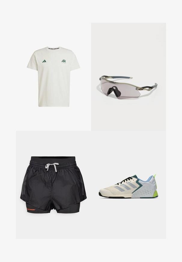 T-shirt bianca in cotone con maniche corte, dotata di logo Adidas verde e testo sul lato sinistro del petto e di un logo triangolare verde sulla spalla destra.; Shorts sportivi neri con uno strato esterno testurizzato, pannelli in rete e uno strato interno aderente. Presentano una vita elastica con coulisse.; Scarpe atletiche leggere con una tomaia in rete color crema, righe grigie, un accento verde e un tallone in textured blu. Lacci neri.; Occhiali da sole con montatura grigia traslucida, lenti colorate e design angolare. Presentano un pezzo nasale distintivo e astine di un grigio scuro texturizzato.
