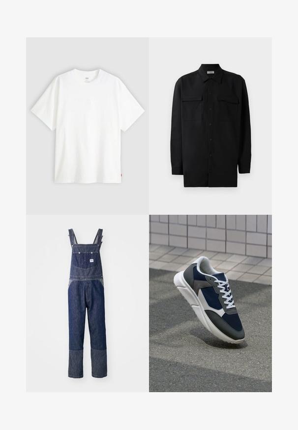 Bela kratka majica s kratkimi rokavi iz bombaža s krožnim izrezom. Ima diskretno embosirano logotipno podrobnost spredaj in rdečo etiketo na robu.; Črn srajčni zgornji del iz gladkega materiala, s klasičnim ovratnikom, dvema sprednjima žepoma in dolgimi rokavi z gumbi na manšetah.; Modre jeans overalls s črtastimi naramnicami, ki vsebujejo sprednji žep in kontrastni črtasti vzorec na robovih. Vključene so nastavljive naramnice.; Superge z zgornjim delom iz mrežaste tkanine v mornarsko modri barvi, sivi usnjeni poudarki, belo gumijasto podplato in ravnimi belimi vezalkami, zasnovane za udobje in zračnost.