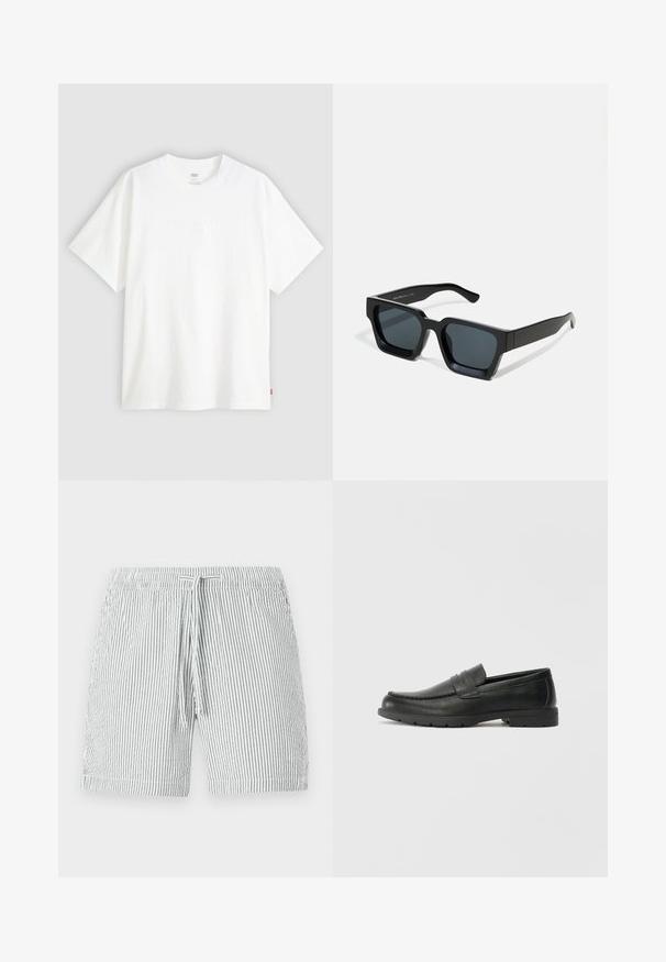 Balta īslaicīga T-krekla ar īsām piedurknēm, kas izgatavots no kokvilnas, ar apaļu kakla izgriezumu. Priekšpusē ir smalks reljefs ar logotipu un sarkans birka apakšmalā.; Svītroti peldkostīmi pelēkā un baltā krāsā, ar auklu jostu, vidēja garuma dizainu un mīkstu, vieglu materiālu.; Melnas ādas loafers ar gludu apdari, mokasīnu stila augšdaļu, šūtu detalizāciju un gumijas zoli. Klasisks dizains ar zemu papēdi.; Melnas taisnstūra saulesbrilles ar tumšiem stikliem. Biezs, gluds plastmasas rāmis ar nedaudz spīdīgu virsmu un taisnām tempļu daļām.