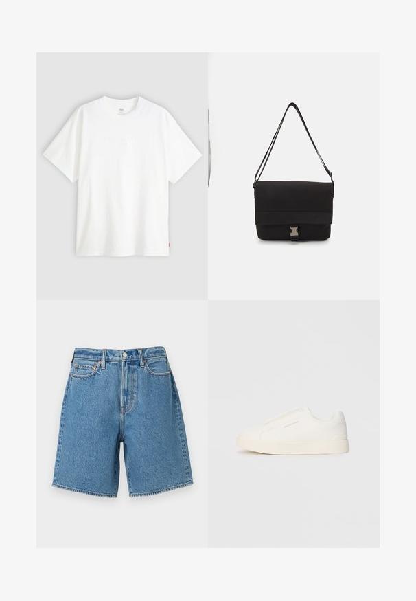 Camiseta blanca de manga corta hecha de algodón con cuello redondo. Presenta un sutil detalle de logo en relieve en la parte delantera y una etiqueta roja en el dobladillo.; Shorts de mezclilla en azul claro con cintura alta, diseño de cinco bolsillos, dobladillos cosidos y cierre de botón de metal. Texturizados con un acabado clásico.; Zapatillas blancas tipo slip-on con una superficie texturizada, suela gruesa y diseño minimalista. Presenta el logo de la marca en un lado.; Bolso mensajero negro hecho de material suave, con solapa plegable, herraje de cierre plateado y correa de hombro ajustable.