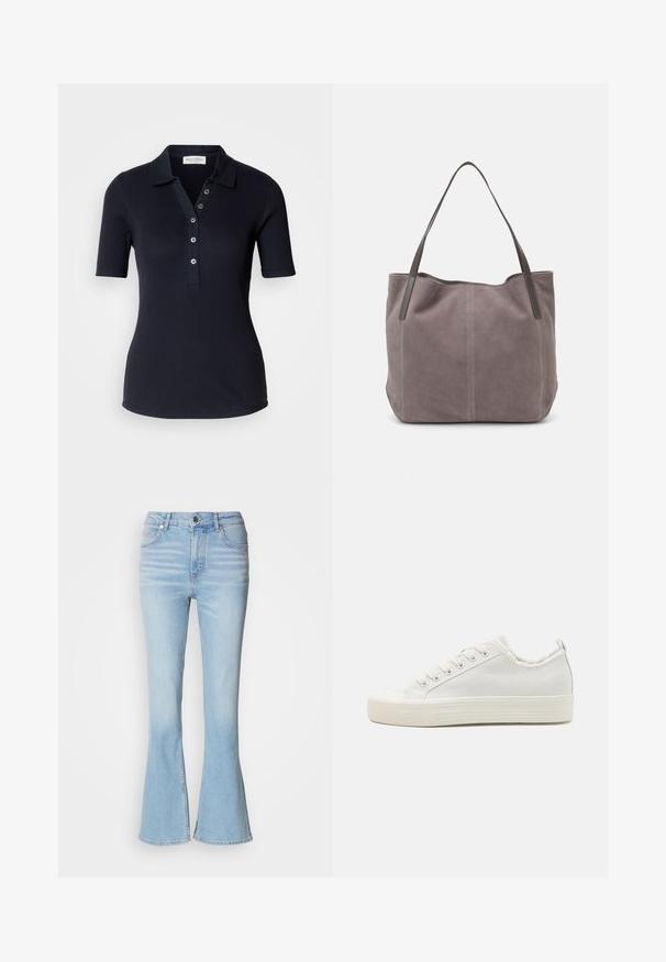 Tumman merensininen ribbipaita lyhyillä hihoilla, kolmella napilla varustettu napitus ja kaulus. Sujuva pinta ja vartalonmyötäinen muotoilu. Ei näkyviä kuvioita.; Vaaleansiniset leveälahkeiset farkut, joissa on korkea vyötärö, hienovarainen haalistuminen ja normaali vetoketjukiinnitys.; Valkoiset kankaasta valmistetut tennarit, joissa on teksturoitu päällinen, pyöreä varvasosa, tasapohja ja nauhakiristys. Ominaisuuksiin kuuluu hieman purkautunut kaulus ja vetoketju.; Harmaan mokkanahkainen olkalaukku, jossa on kaksi tummasta nahasta tehtyä kahvaa. Mukana on kirjontayksityiskohtia sivuilla, pehmeä rakenne ja tilava suuaukko.; Neljä hopeista rengasta eri muotoiluilla: kierretty pöytä, kerrokselliset kaaret, herkät kristallit ja sileä rengas, jossa on pieniä yksityiskohtia.