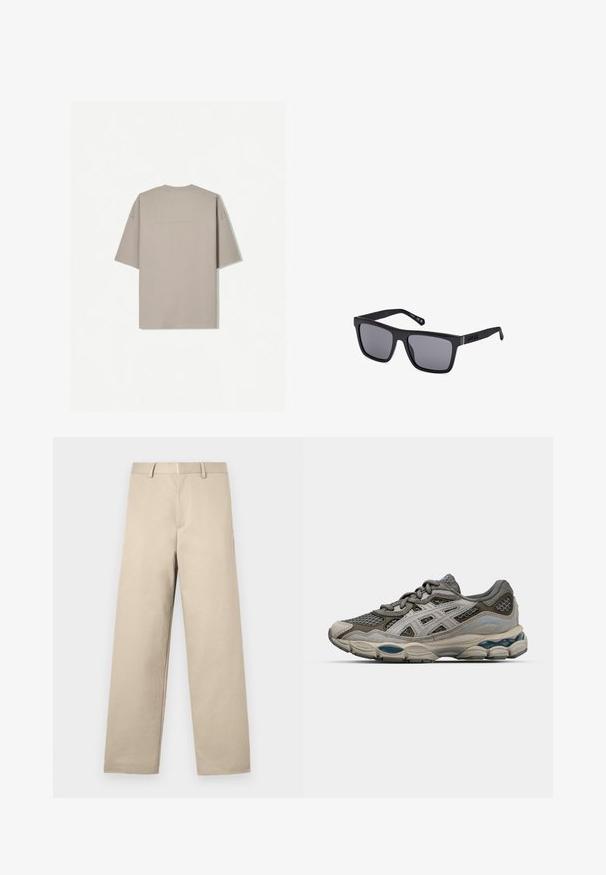 T-shirt à manches courtes en coton beige clair, avec un col rond et un design minimaliste sans motifs ni accents visibles.; Pantalon beige avec une coupe droite, taille plate, deux poches latérales et une fermeture éclair. Fabriqué en tissu coton doux.; Chaussure de sport grise et beige avec des panneaux en mesh, texture à pois et accents argentés. Dispose d'une semelle rembourrée et d'un design à lacets.; Lunettes de soleil noires rectangulaires avec des verres teintés, une finition mate et un détail de logo sur la branche. Le design présente des bords droits et des montures épaisses.