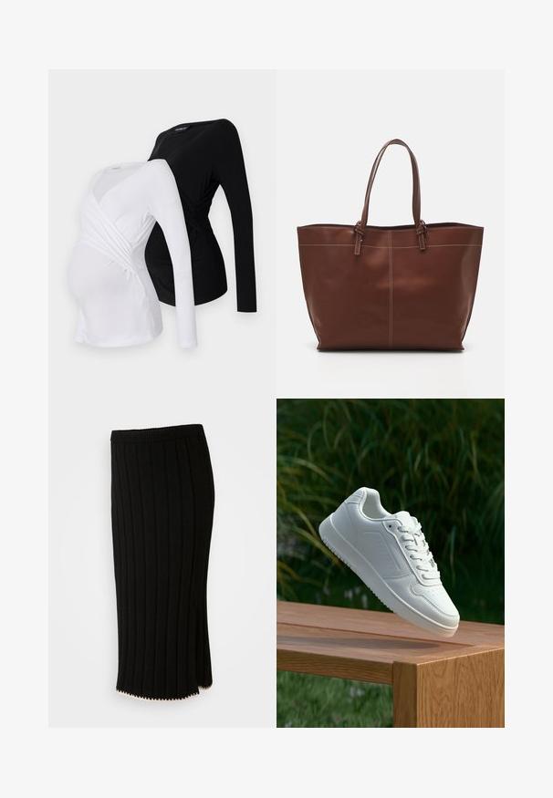 Kaks pikkade varrukatega rasedustoppi valges ja mustas värvitoonis. Omab ristuv disain, pehmet kangast ja kaardus hemline'i mugavaks istuvuseks.; Musternahk mustriga, silmapaistva kulla aktsendiga servas, madala vöökohaga ja külgjaguga.; Valged sneakerd, millel on sile sünteetiline ülemine osa, väikeste aukudega varvaskast, lamedad paelad ja tekstuuriga tald, eksponeeritud puidust pinnal.; Pruun nahast käekott kahekordsete käepidemetega, millel on kontrastõmblused ja avar disain, sobib igapäevaseks kasutamiseks.