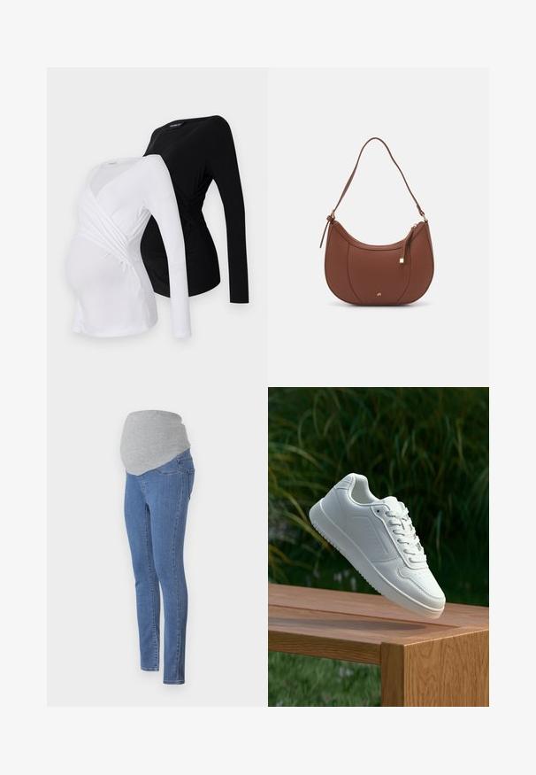 Twee langermige zwangerschapsblouses in wit en zwart. Kenmerken een crossoverontwerp, zachte stof en een gebogen zoom voor een comfortabele pasvorm.; Zwangerschapsjeans met een fitted ontwerp, blauwe denimstof en een zachte grijze jersey tailleband voor comfort. Inclusief achterzakken en een slim fit.; Witte sneaker met een gladde synthetische bovenkant, geperforeerde neus, platte veters en een gestructureerde zool, tentoongesteld op een houten oppervlak.; Bruine faux leren schoudertas met een gebogen vorm, minimale stiksels en een gouden hardware-accent. Voorzien van een bovenste ritsluiting en een verstelbare schouderband.