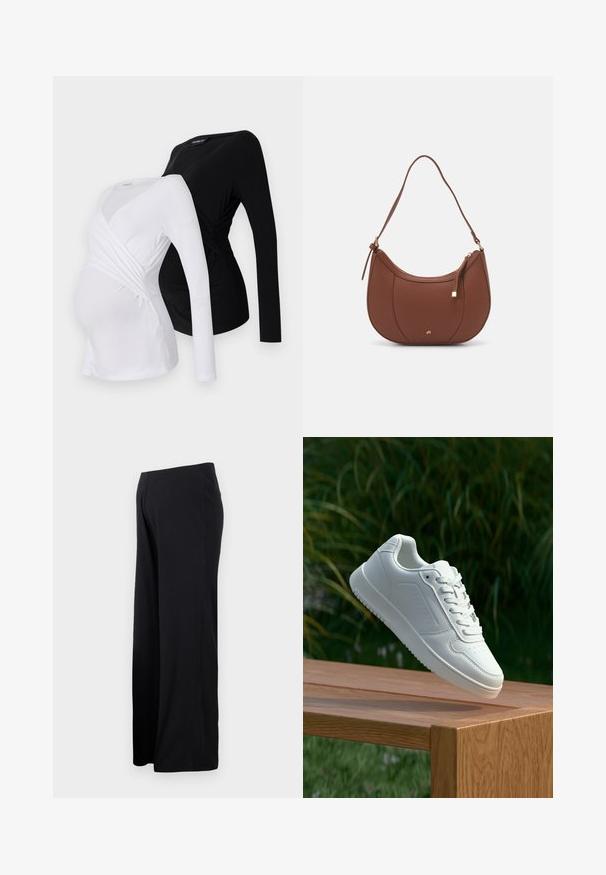 Duas blusas de maternidade de mangas compridas em branco e preto. Apresentam um design cruzado, tecido macio e bainha curva para um ajuste confortável.; Calças largas pretas com textura canelada e cintura alta. O tecido tem uma textura suave, apresentando detalhes costurados nas laterais.; Sapatilha branca com um cabedal sintético liso, caixa dos dedos perfurada, atacadores planos e uma sola texturizada, exposta sobre uma superfície de madeira.; Mala de ombro em pele sintética castanha com forma curva, costura minimalista e detalhe em metal dourado. Apresenta fecho de zíper no topo e alça ajustável.