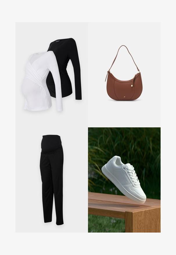 Dva majica s dugim rukavima za trudnice u bijeloj i crnoj boji. Imaju preklopni dizajn, mekani materijal i blago zakrivljeni rub za udoban fit.; Crne trudničke hlače od mekog materijala, s širokim rastezljivim pojasom, opuštenim krojem i dva bočna džepa za funkcionalnost.; Bijela tenisica sa glatkim sintetičkim gornjim dijelom, perforiranim prednjim dijelom, ravnim vezicama i teksturiranom potplatom, prikazana na drvenoj površini.; Smeđa torba od umjetne kože s zakrivljenim oblikom, minimalnim šavovima i zlatnim metalnim detaljima. Ima zatvaranje na gornjoj strani sa patentnim zatvaračem i podesivu naramenicu.