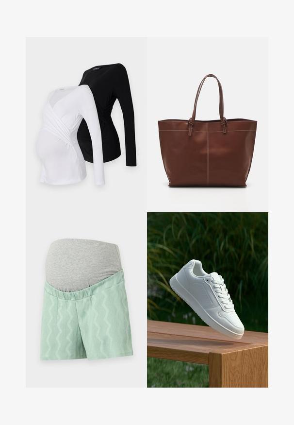 Două bluze de maternitate cu mâneci lungi, una albă și una neagră. Acestea au un design încrucișat, material moale și o margine curbată pentru o potrivire confortabilă.; Șorturi verde mentă cu un model texturat în zigzag, având un tiv elastic gri pentru confort. Au o croială lejeră și un material neted.; Sneaker alb cu un upper sintetic neted, cu vârf perforat, șireturi plate și o talpă texturată, expus pe o suprafață de lemn.; Geantă de tote din piele maro cu mânere duble, dotată cu cusături contrastante și un design spațios, potrivită pentru utilizarea zilnică.