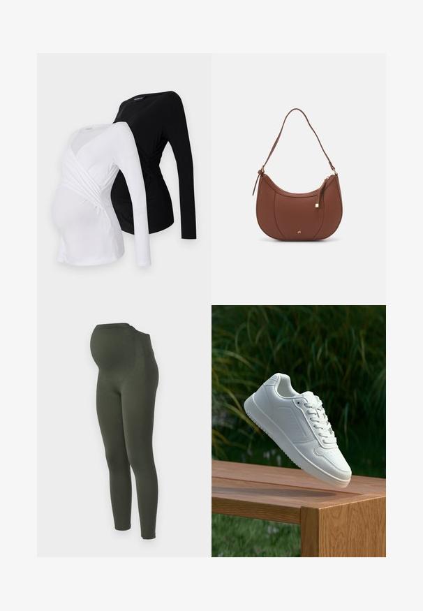 Két hosszúujjú kismamaruha fehér és fekete színben. Keresztbe forduló dizájnnal, puha anyagból készült, ívelt szegéllyel a kényelmes illeszkedés érdekében.; MAMALICIOUS MLTIA JEANNE - Leggingek - Nadrágok - duffel bag; Fehér sportcipő sima szintetikus felsőrésszel, perforált lábujjrész, lapos fűzőkkel és texturált talppal, fából készült felületen kihelyezve.; Barna műbőr válltáska ívelt formával, minimális varrással és arany színű kiegészítőkkel. Jellemzője a felső cipzáras záródás és állítható pánt.