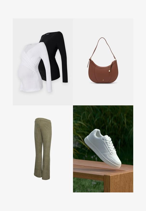 Two long-sleeve maternity tops in white and black. Features a crossover design, soft fabric, and curved hemline for comfortable fit.; Khaki ribbed knit pants with a flared leg design and an elastic waistband, featuring a textured fabric and vertical stripes.; White sneaker with a smooth synthetic upper, perforated toe box, flat laces, and a textured sole, displayed on a wooden surface.; Brown faux leather shoulder bag with curved shape, minimal stitching, and a gold-tone hardware accent. Features a top zipper closure and adjustable strap.