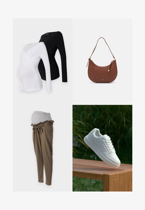 Două bluze de maternitate cu mâneci lungi, una albă și una neagră. Acestea au un design încrucișat, material moale și o margine curbată pentru o potrivire confortabilă.; Pantaloni de maternitate în verde măsliniu, cu un tiv elastic gri. Prezintă o fundă la talie și o croială lejeră pentru confort. Textură netedă.; Sneaker alb cu un upper sintetic neted, cu vârf perforat, șireturi plate și o talpă texturată, expus pe o suprafață de lemn.; Geantă de umăr din piele ecologică maro, cu o formă curbată, cusături minime și un accent din metal auriu. Are un închidere cu fermoar în partea de sus și o curea ajustabilă.
