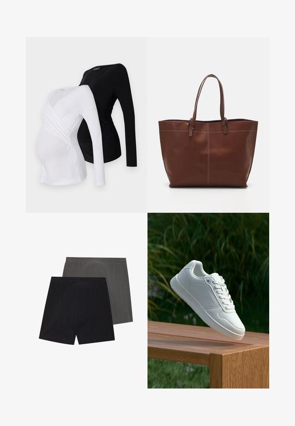 Két hosszúujjú kismamaruha fehér és fekete színben. Keresztbe forduló dizájnnal, puha anyagból készült, ívelt szegéllyel a kényelmes illeszkedés érdekében.; Két pár rövidnadrág: az egyik sötétszürke, a másik fekete. Mindkettő bordázott textúrával és rugalmas derékpánttal rendelkezik.; Fehér sportcipő sima szintetikus felsőrésszel, perforált lábujjrész, lapos fűzőkkel és texturált talppal, fából készült felületen kihelyezve.; Barna bőr bevásárlótáska dupla fogantyúval, kontrasztvarrás jellemzi, tágas kialakítással, mindennapi használatra alkalmas.