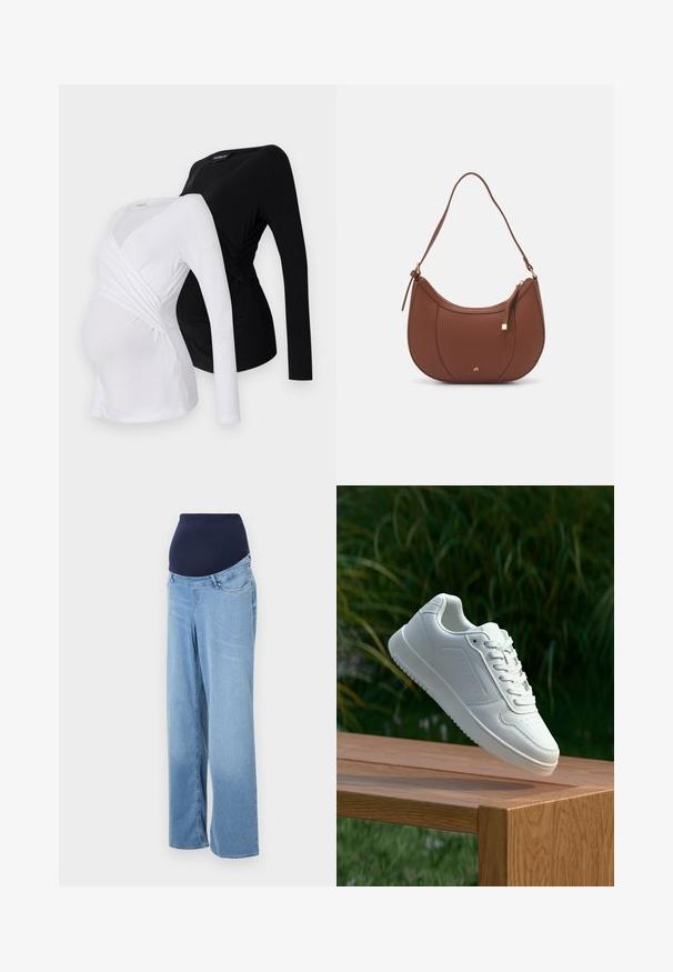 Kaksi pitkähihaista äitiystoppia valkoisena ja mustana. Ominaisuuksiin kuuluu ristikkäinen muotoilu, pehmeä kangas ja kaareva helma mukavaa istuvuutta varten.; Äitiysfarkut vaaleansinisestä denimmistä. Ominaisuuksina tummansinen joustava vyötärö ja leveälahkeinen muotoilu. Tavalliset etutaskut ja hieman haalistunut kangas.; Valkoiset tennarit, joissa on sileä synteettinen päällinen, rei'itetty varvasosa, litteät nauhat ja teksturoitu pohja, esillä puupinnalla.; Ruskea keinonahkainen olkalaukku, jossa on kaareva muoto, minimaalinen ompelu ja kultasävyinen varuste. Varustettu ylhäältä avautuvalla vetoketjullisella suljennalla ja säädettävällä hihnalla.