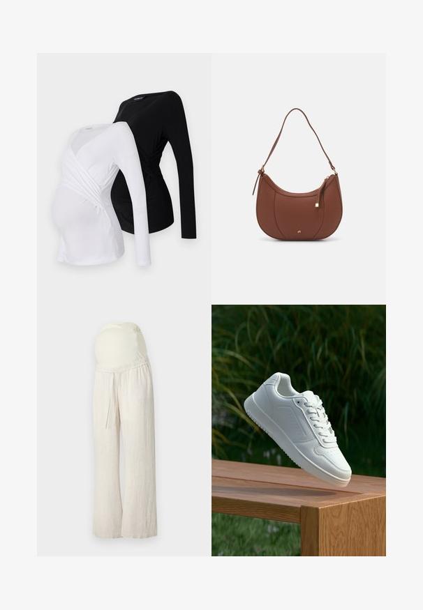 Duas blusas de maternidade de mangas compridas em branco e preto. Apresentam um design cruzado, tecido macio e bainha curva para um ajuste confortável.; Calças de maternidade em bege claro com um corte descontraído, cintura elástica e um painel de suporte para a barriga, suave e elástico. Feitas de um material leve e respirável.; Sapatilha branca com um cabedal sintético liso, caixa dos dedos perfurada, atacadores planos e uma sola texturizada, exposta sobre uma superfície de madeira.; Mala de ombro em pele sintética castanha com forma curva, costura minimalista e detalhe em metal dourado. Apresenta fecho de zíper no topo e alça ajustável.