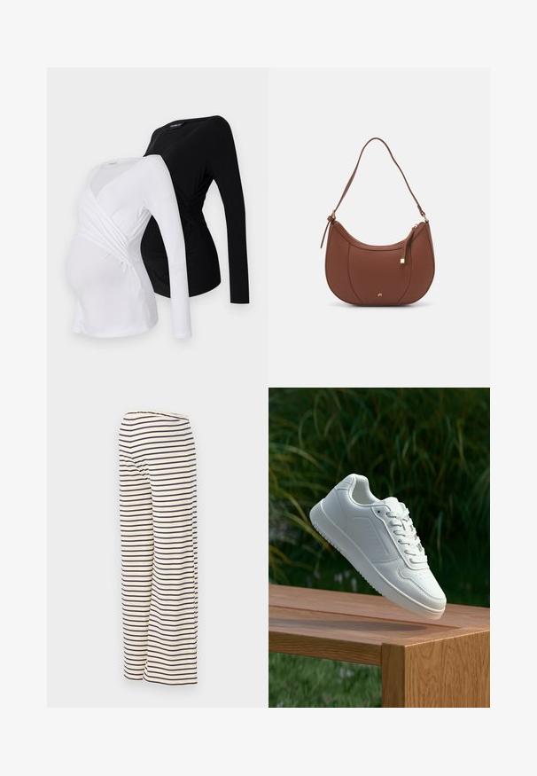 Two long-sleeve maternity tops in white and black. Features a crossover design, soft fabric, and curved hemline for comfortable fit.; Striped wide-leg pants in cream with navy horizontal stripes, featuring a soft fabric and an elastic waistband for comfort.; White sneaker with a smooth synthetic upper, perforated toe box, flat laces, and a textured sole, displayed on a wooden surface.; Brown faux leather shoulder bag with curved shape, minimal stitching, and a gold-tone hardware accent. Features a top zipper closure and adjustable strap.