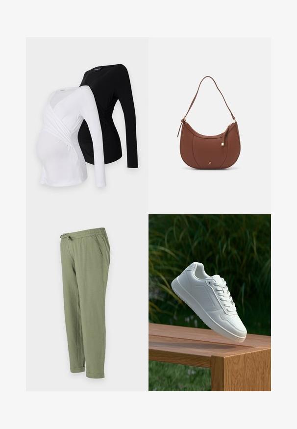 Två långärmade graviditets-tops i vitt och svart. Har en crossover-design, mjukt tyg och rundad fåll för en bekväm passform.; Ljust gröna, avslappnade byxor med elastisk midja, snörning, sidfickor och uppvikta nederkanter. Tillverkade i mjukt, strukturerat material.; Vita sneakers med en slät syntetisk ovandel, perforerat tåparti, platta snören och en strukturerad sula, placerade på en träyta.; Brun faux läder axelväska med rundad form, minimal sömnad och detaljer i guldfärgad hårdvara. Har en övre dragkedjestängning och justerbar rem.