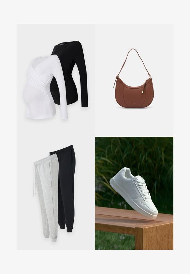 To langermede gravide topper i hvit og svart. Har en crossover-design, mykt stoff og buet nederkant for en behagelig passform.; To par med joggebukser: en lys grå og en svart. Begge har elastisk midje, sidelommer og smalnede ermer. Blandingsmateriale av bomull.; Hvite sneakers med en glatt syntetisk overdel, perforert tåboks, flate snørebånd og en teksturert såle, vist på en treflate.; Brun kunstlæder skuldertaske med buet form, minimal syning og detaljer i guld-tonet hardware. Har en top lynlås lukning og justerbar rem.