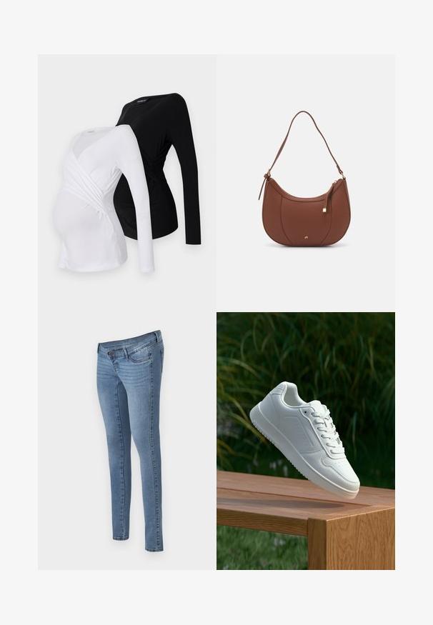 Dva majica s dugim rukavima za trudnice u bijeloj i crnoj boji. Imaju preklopni dizajn, mekani materijal i blago zakrivljeni rub za udoban fit.; MAMALICIOUS MLAUKIE - Uske traperice - medium blue denim; Bijela tenisica sa glatkim sintetičkim gornjim dijelom, perforiranim prednjim dijelom, ravnim vezicama i teksturiranom potplatom, prikazana na drvenoj površini.; Smeđa torba od umjetne kože s zakrivljenim oblikom, minimalnim šavovima i zlatnim metalnim detaljima. Ima zatvaranje na gornjoj strani sa patentnim zatvaračem i podesivu naramenicu.