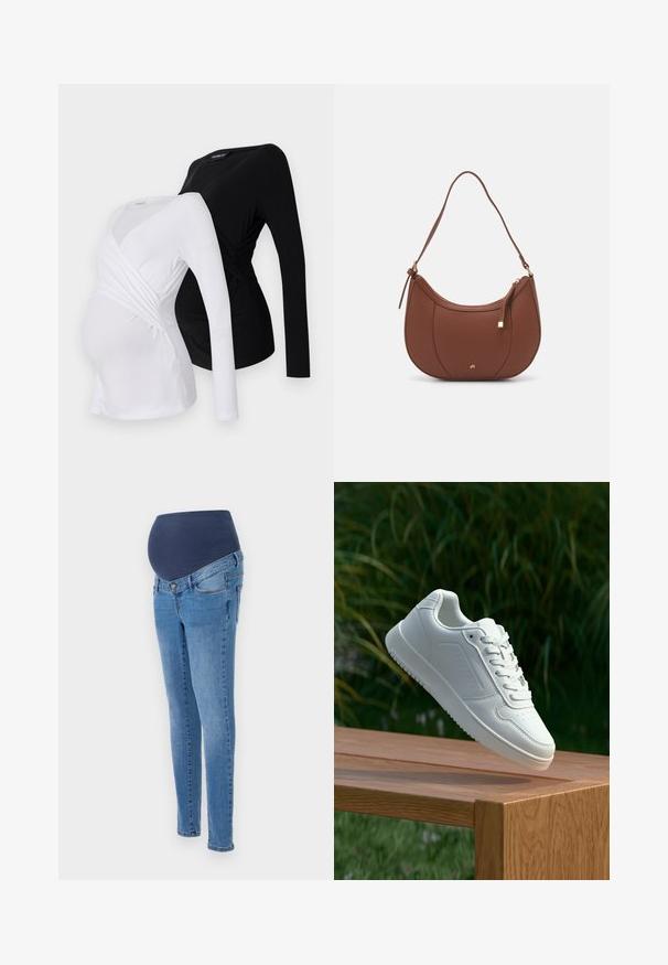 Two long-sleeve maternity tops in white and black. Features a crossover design, soft fabric, and curved hemline for comfortable fit.; Maternity jeans with a blue elastic waistband and slim-fit legs, made from light blue denim with subtle fading and standard back pockets.; White sneaker with a smooth synthetic upper, perforated toe box, flat laces, and a textured sole, displayed on a wooden surface.; Brown faux leather shoulder bag with curved shape, minimal stitching, and a gold-tone hardware accent. Features a top zipper closure and adjustable strap.
