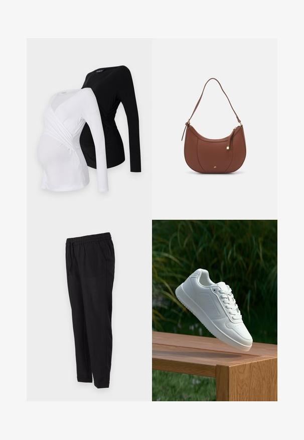 Două bluze de maternitate cu mâneci lungi, una albă și una neagră. Acestea au un design încrucișat, material moale și o margine curbată pentru o potrivire confortabilă.; Pantaloni negri cu talie elastică, buzunare laterale, picioare conice și manșete răsucite. Fabricat dintr-un material neted și ușor.; Sneaker alb cu un upper sintetic neted, cu vârf perforat, șireturi plate și o talpă texturată, expus pe o suprafață de lemn.; Geantă de umăr din piele ecologică maro, cu o formă curbată, cusături minime și un accent din metal auriu. Are un închidere cu fermoar în partea de sus și o curea ajustabilă.