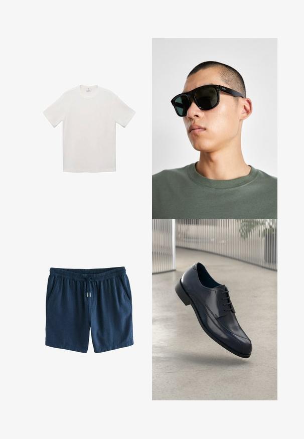 T-maica s kratkimi rokavi, okroglim izrezom v off-white barvi. Narejena je iz gladkega bombažnega materiala, ima sproščen kroj in subtilne šivane detajle ob ramenih.; Temno modri kratki hlače iz lahkotnega materiala. Imajo elastičen pas z vrvico in dva stranska žepa. Preprost dizajn.; Svetleče črne usnjene čevlje za obleko z vezalkami, ki lebdi nad gladko, svetlo sivo tlemi ter vertikalnimi kovinskimi palicami v ozadju.; Črne pravokotne sončna očala s temnimi lečami, ki imajo značilno obliko in blagovno znamko na ročaju. Nosijo jih oseba v zeleni majici.