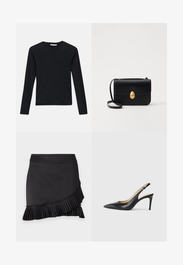 Melnas garās piedurknes kreklu ar apļa kaklu, šaura piegriezuma, vienkāršs dizains un neliela "Tiger of Sweden" etiķete iekšpusē apkaklī.; Melna svārku svārka ar krokotu apakšmalu, izceļoties ar elegantu dizainu, gludu tekstūru un asimetrisku griezumu gar apakšējo maliņu.; Melnas ādas sandales ar augstiem papēžiem un norādītu degunu, regulējama josta un elegants stiletto papēdis, kas izceļas ar gludu apdari.; Melnas ādas rokassomu ar strukturētu taisnstūra formu. Iespējas zelta ovāla slēdzis un plāns plecu siksna. Gluda tekstūra.