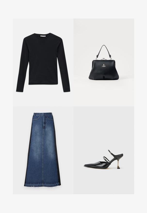 Black long-sleeve crew neck shirt with slim fit, plain design, and a small "Tiger of Sweden" label inside the collar.; Denim maxi skirt featuring a blue main body and black side panels, with a straight fit, frayed hem, and classic five-pocket design.; Black leather point-toe slingback shoe with two adjustable straps and a metallic heel. Smooth texture and minimalist design.; Black leather handbag with a textured surface, silver hardware, clasp closure, and a short handle for carrying. Compact and structured design.