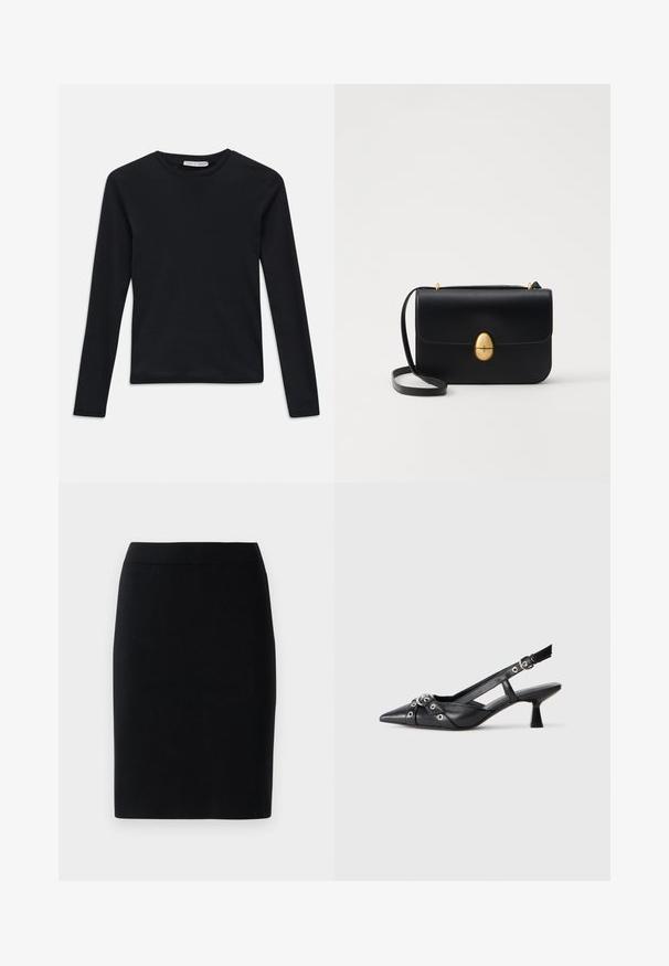 Camisa preta de mangas compridas, com gola redonda, corte ajustado, design simples e um pequeno rótulo "Tiger of Sweden" dentro da gola.; Sáia lápis preta até ao joelho com cintura elástica contra um fundo branco liso.; Sapato slingback em couro preto com biqueira fina, tiras decorativas com ilhós de metal e um pequeno salto quadrado. Superfície texturizada.; Bolsa de mão em couro preto com uma forma rectangular estruturada. Apresenta um fecho oval dourado e uma alça para o ombro fina. Textura suave.