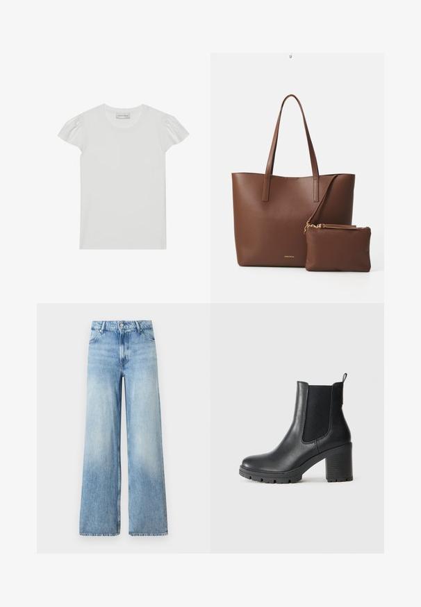 Balta trumpa rankovėmis marškinėliai, pagaminti iš minkštos medžiagos. Su mažomis pūstomis rankovėmis ir apvaliu iškirpimu. Etiketė: "ANNA FIELD" prie kaklo.; Šviesiai mėlyni džinsai su plačiomis kojomis, su išblukusiu apdaila, penkiais kišenėmis, diržo kilpomis ir priekiniais mygtuko bei užtrauktuko uždarymais.; Juodos odinės kulkšninių botų su elastingomis šoninėmis juostomis, masyviu guminio pado ir aukštu blokiniu kulnu. Yra patogus užtrauktukas gale.; Ruda dirbtinė odinė rankinė su dviem ilgamis rankenomis ir atitinkamu mažu krepšiu. Paviršius turi tekstūruotą raštą ir auksinius apdailos elementus.