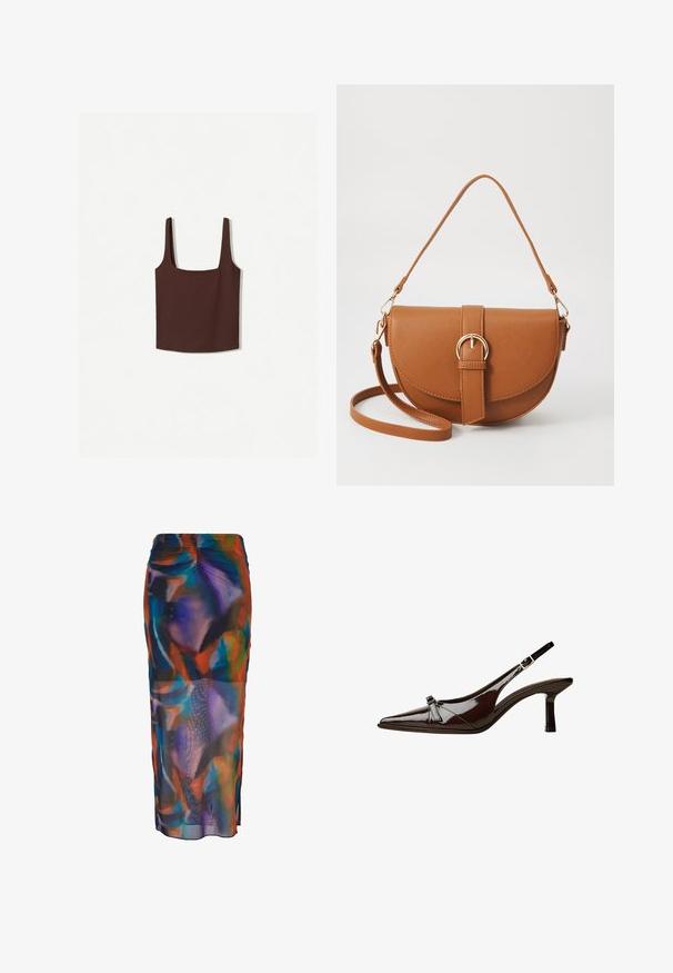 Brown square-neck tank top with wide shoulder straps, made of a soft material. Simple design, no patterns or embellishments.; Multicolored pencil skirt featuring a flowing, sheer fabric with abstract patterns in blue, orange, and purple. Elastic waistband with side slits.; Brown patent leather slingback shoe with pointed toe, low heel, and a decorative bow accent on the front. Smooth, shiny texture.; Brown leather crossbody bag with a curved shape, gold hardware, and a buckle accent. Features a detachable shoulder strap.