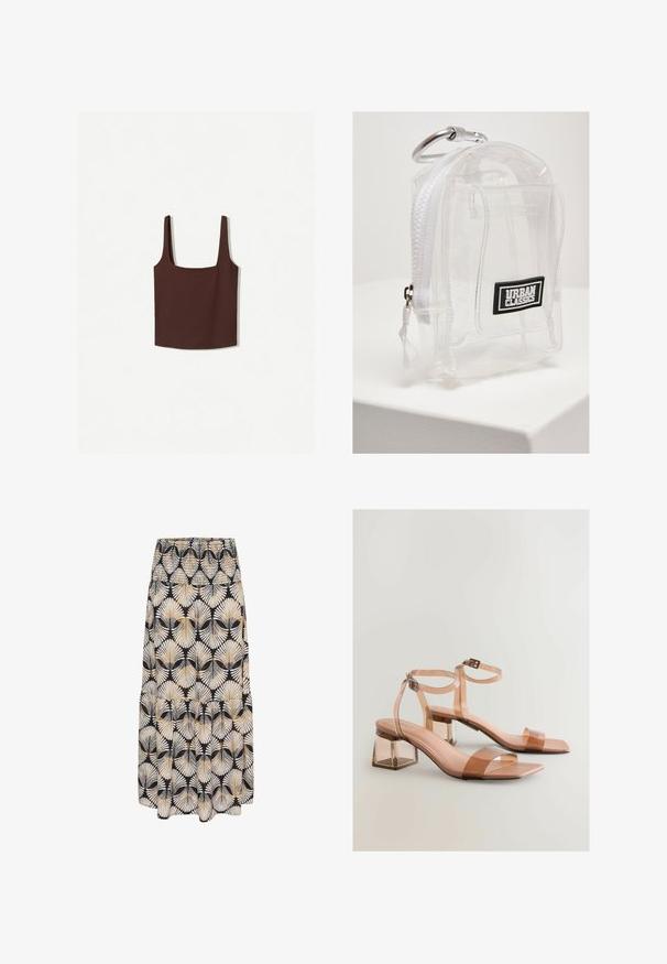 Top in cotone marrone con scollo a quadrato e spalline larghe, realizzato in un materiale morbido. Design semplice, senza motivi o decorazioni.; Gonna nera con motivo di foglie bianche e oro, vita arricciata, design fluido e dettagli a balze. Il tessuto appare leggero e morbido.; Sandali con tacco blocco trasparente, con cinturini nudi, punta quadrata e fibbie regolabili alla caviglia; texture liscia e finitura lucida.; Mini zaino in PVC trasparente con cerniera e tracolla bianche. Caratterizzato da un patch logo nero e un moschettone argentato. Forma rettangolare compatta.