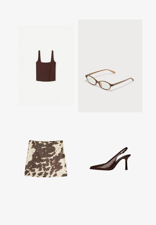 Brązowy top na ramiączkach z szerokimi paskami, wykonany z miękkiego materiału. Prosty design, bez wzorów czy ozdób.; Mini spódnica w kolorze beżowym i brązowym w wzór bydła. Posiada ukryty zamek błyskawiczny z tyłu, gładką teksturę materiału oraz prosty, fason A-linii.; Brązowe skórzane sandały typu slingback z ostrym noskiem i cienkim obcasem. Posiadają małą klamrę akcentującą na pasku oraz błyszczące wykończenie.; Brązowe okulary w motyle z owalnymi soczewkami, cienkimi ramionami i przezroczystymi akcentami. Posiadają subtelne logo na zauszniku. Smukły, lekki design.