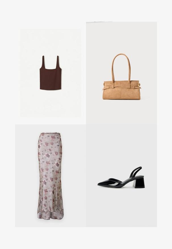 Barna, négyzetnyakú, széles pántos ujjatlan top, puha anyagból készült. Egyszerű dizájn, minta vagy díszítés nélkül.; Virágmintás maxi szoknya áttetsző, könnyű anyagból. Szürke alapon rózsaszín és lila mintákkal, valamint bővülő szegéllyel rendelkezik.; Fekete lakk bőr szandálkés magas sarkú cipő, hegyes orral és geometrikus tömbsarkakkal. Karcsú, minimalista dizájn és sima textúra jellemzi.; Barna nubuk bőr kézitáska, két hosszú fogantyúval, téglalap alakú, és díszítő varrással. Oldalszíja és diszkrét arany fém kiegészítők találhatók rajta.