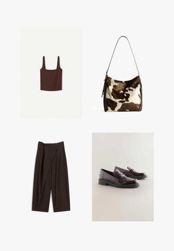 Top in cotone marrone con scollo a quadrato e spalline larghe, realizzato in un materiale morbido. Design semplice, senza motivi o decorazioni.; Pantaloni a gamba larga marrone scuro con vita alta, dotati di una chiusura con bottone singolo e una parte anteriore plissettata. Realizzati in tessuto leggero.; Mocassini in pelle laccata borgogna con punta rotonda, soletta imbottita e suola in gomma nera. Presentano una fascia decorativa sulla parte anteriore.; Borsa a spalla in pelle bovina marrone e crema con tracolla in pelle liscia, chiusura con zip e superficie morbida e testurizzata con un motivo naturale.