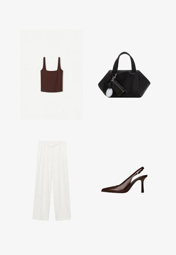 Brown square-neck tank top with wide shoulder straps, made of a soft material. Simple design, no patterns or embellishments.; White wide-leg trousers with a high waist, featuring a belt tie, soft texture, and front pleats for added structure. Minimal design.; Brown leather slingback pump with a pointed toe and a thin heel. Features a small accent buckle on the strap and a glossy finish.; Black leather handbag with a geometric design, two short handles, and a detachable zipper pouch with a round mirror charm.