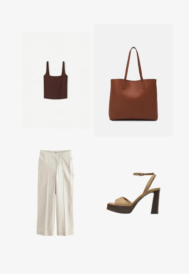 Bruine tanktop met vierkante halslijn en brede schouderbanden, gemaakt van een zachte stof. Eenvoudig ontwerp, zonder patronen of versieringen.; Next ASYMETRIC WAITBAND TAILORED WIDE LEG - Broek - neutral; Beige suède hoge hakken sandalen met een brede voorband en enkelband, met een dikke houten blokhak met een gestructureerde afwerking.; Bruine leren tote bag met een gladde textuur, een ontwerp met een open bovenkant en twee schouderbanden. Kenmerkt zich door minimale stiksels en geen zichtbare hardware.
