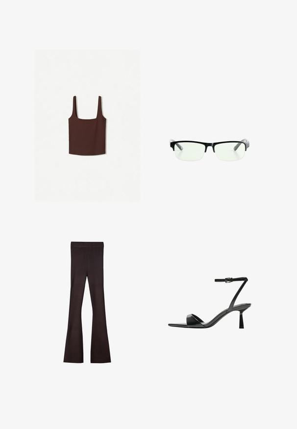 Smeđa majica bez rukava s kvadratnim ovratnikom i širokim naramenicama, izrađena od mekanog materijala. Jednostavan dizajn, bez uzoraka ili ukrasa.; Bershka Hlače - dark brown; Bershka Sandale s visokom petom - black; Crna pravokutna naočala s prozirnim lećama, sa sofisticiranim crnim okvirom i sivim prozirnim drškama. Minimalistički dizajn, bez vidljivog brendiranja.
