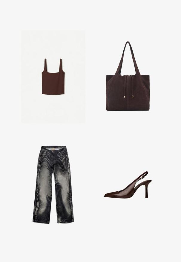 Bruine tanktop met vierkante halslijn en brede schouderbanden, gemaakt van een zachte stof. Eenvoudig ontwerp, zonder patronen of versieringen.; Zwarte denim wijde broek met een gestructureerd, vervaagd patroon, voorzien van vijf zakken en een knoopsluiting. Glad stof met een licht glanzende afwerking.; Bruine lederen slingbackpomp met een spitse neus en een dunne hak. Voorzien van een kleine accentgesp op de band en een glossy afwerking.; Mango Shopper - dark brown