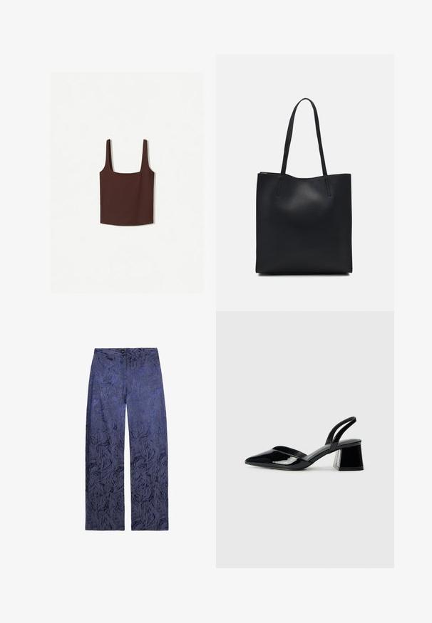 Brązowy top na ramiączkach z szerokimi paskami, wykonany z miękkiego materiału. Prosty design, bez wzorów czy ozdób.; Spodnie z szerokimi nogawkami w ciemnym niebieskim kolorze z teksturowanym, abstrakcyjnym wzorem. Posiadają zapięcie na guzik oraz kieszenie z przodu. Wykonane z miękkiego materiału o gładkim wykończeniu.; Czarne lakierowane półbuty na obcasie z wydłużonym noskiem i geometrycznym słupkiem. Charakteryzują się eleganckim, minimalistycznym designem oraz gładką fakturą.; Czarna skórzana torba tote o gładkiej fakturze, prostokątnym kształcie i dwóch długich uchwytach. Brak widocznych elementów metalowych i ozdób.