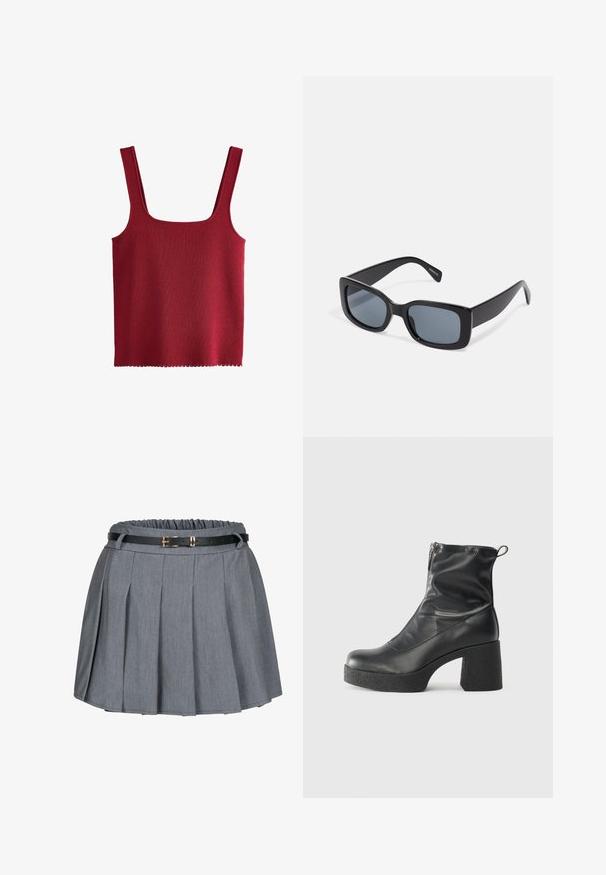 Tricou roșu, cu dungi, cu decolteu pătrat și bretele late. Marginea are un aspect cu volane. Fabricat dintr-un material moale și elastic.; Fustă plisată gri cu talie gathered și o curea neagră cu o cataramă aurie. Material moale cu o textură netedă.; Bocanci negri de glezna din piele netedă, cu fermoar lateral, toc texturat și masiv, și design cu vârf rotund.; Ochelari de soare negri rectangulari cu lentile întunecate, cadru gros din plastic și tâmple late. Suprafață netedă și design unghiular.