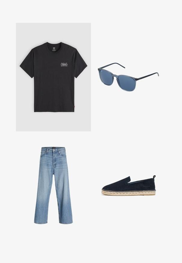 Sort bomuld t-shirt med korte ærmer og rund hals. Har et lille hvidt grafisk print på venstre bryst. Glat tekstur.; Lyseblå vidde jeans lavet af denim, med høj talje, klassisk fem-lomme design, og knaplukning med lynlås.; Mørkeblå ruskind espadrille med sål i jute reb, slip-on design, rund tå og en løkke-bakstrop for nem påklædning.; Blå rektangulære solbriller med grå tonede linser, plastikramme, metalliske accenter og en mat finish på stængerne.