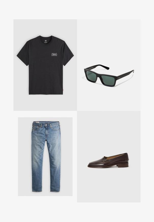 Čierne bavlnené tričko s krátkymi rukávmi a okrúhlym výstrihom. Obsahuje malú bielu grafiku na ľavej hrudi. Hladká textúra.; Svetlomodré džínsy s rovnými nohavicami, piatimi vreckami a kontrastným prešitím. Tkanina má mierne vybledlý vzhľad.; Hnedé kožené mokasíny s jemne špicatou špičkou, nízkym stohovaným podpätkom a dekoratívnym prešívaním na vrchnáku. Hladká textura, minimalistický dizajn.; Čierne obdĺžnikové slnečné okuliare so zelenými sklami, matným povrchom, rovnými ramenami a logom Ray-Ban na boku.